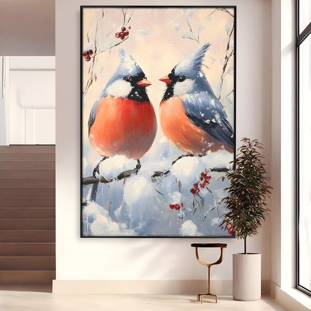 Tablou canvas cu tablou canvas cu doi pasari cardinali in iarna, in rama de aluminiu negru
